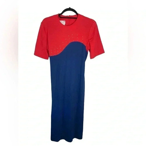 Vintage Serbin red and blue dress with gold‎ beads size 10 - Picture 1 of 10